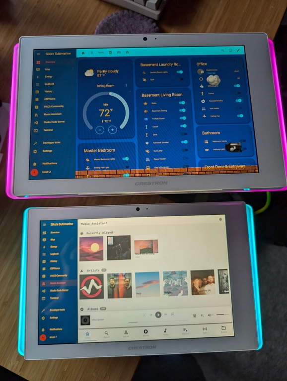 Home Assistant & Music Assistant! Side-by-side of two devices with two different colored lights.