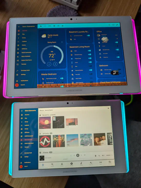 Side-by-side of two devices with two different colored lights.