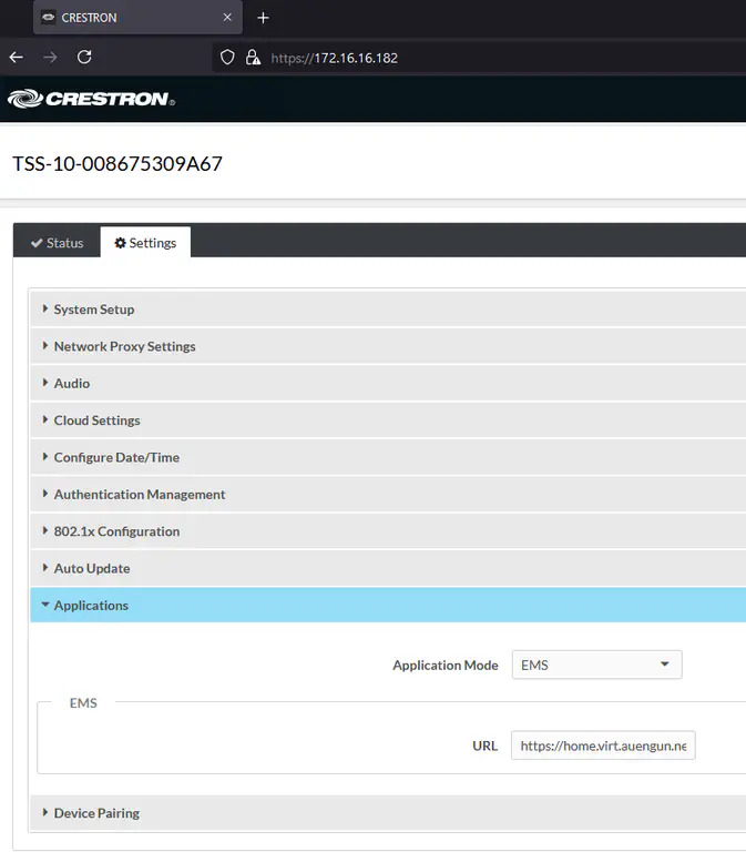 Screenshot of a browser window showing the Crestron UI. The UI is open to the Settings panel and the "Applications" dropdown menu is open. In the subpanel is an option for "Application Mode" which displays the option "EMS". Below this sits another option for "URL" which is filled in with a partially obscured URL that reads "https://home.virt.auengun.net"