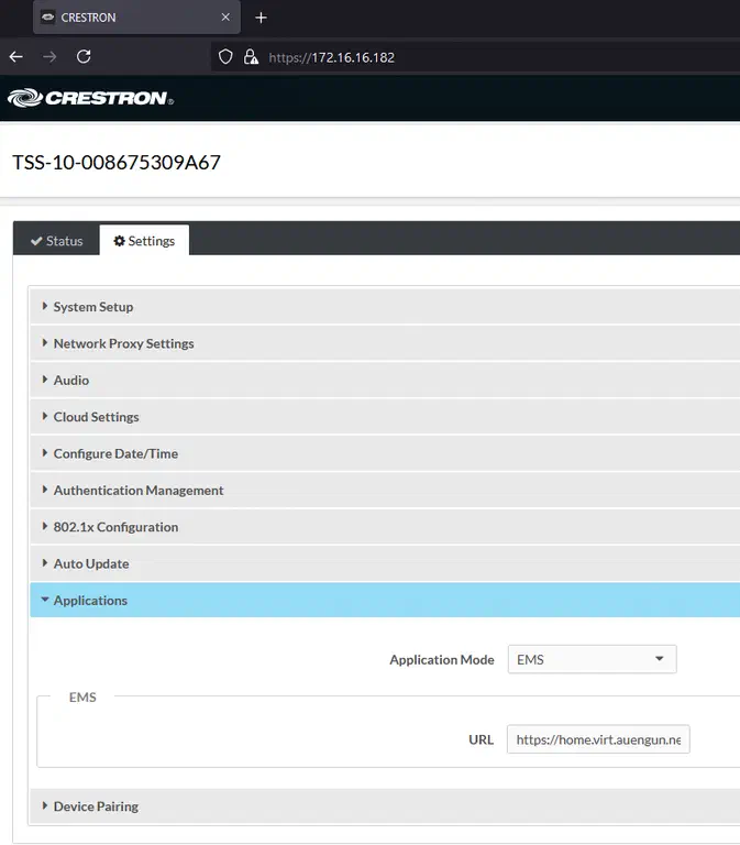 Screenshot of a browser window showing the Crestron UI. The UI is open to the Settings panel and the "Applications" dropdown menu is open. In the subpanel is an option for "Application Mode" which displays the option "EMS". Below this sits another option for "URL" which is filled in with a partially obscured URL that reads "https://home.virt.auengun.net"