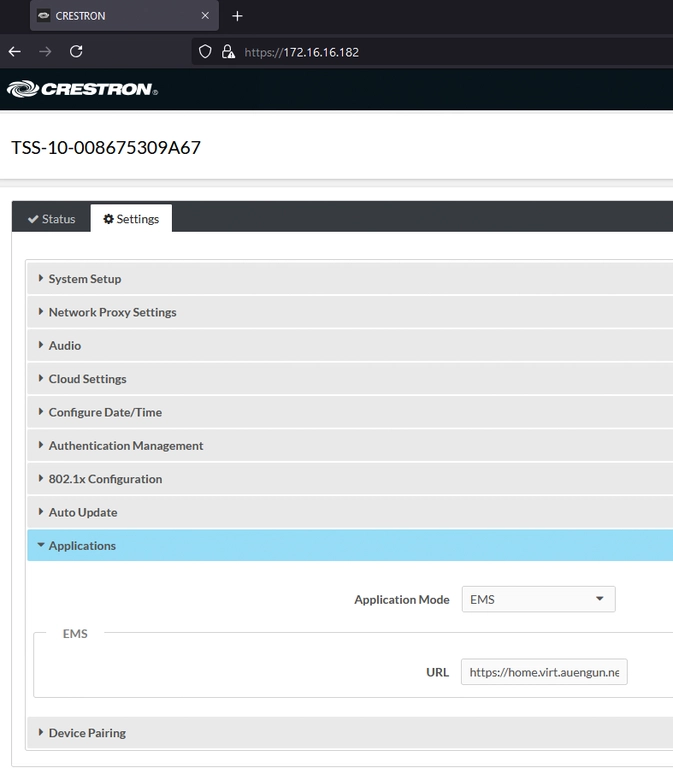 Crestron Webui | Settings Panel Screenshot of a browser window showing the Crestron UI. The UI is open to the Settings panel and the "Applications" dropdown menu is open. In the subpanel is an option for "Application Mode" which displays the option "EMS". Below this sits another option for "URL" which is filled in with a partially obscured URL that reads "https://home.virt.auengun.net"