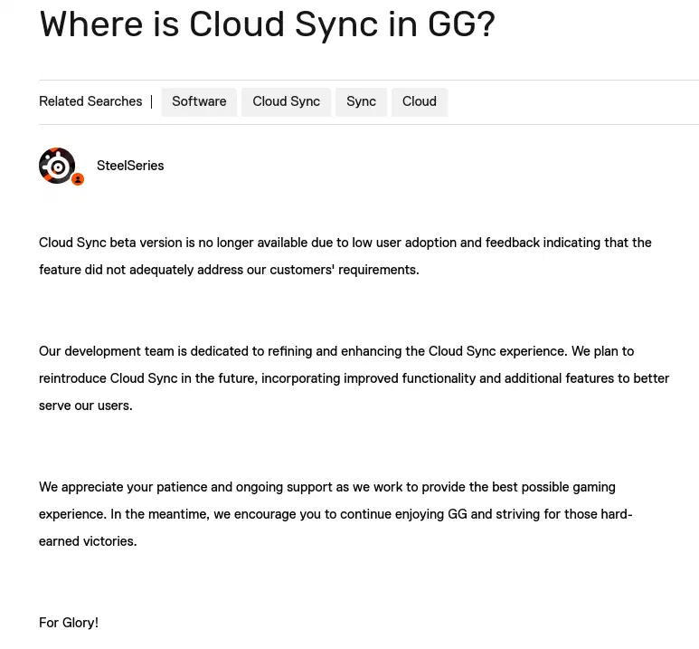 A screenshot of the SteelSeries forum where they describe discontinuing support for cloud sync.